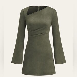 Commense Asymmetrical Long Sleeve Suede Style Dress in Olive